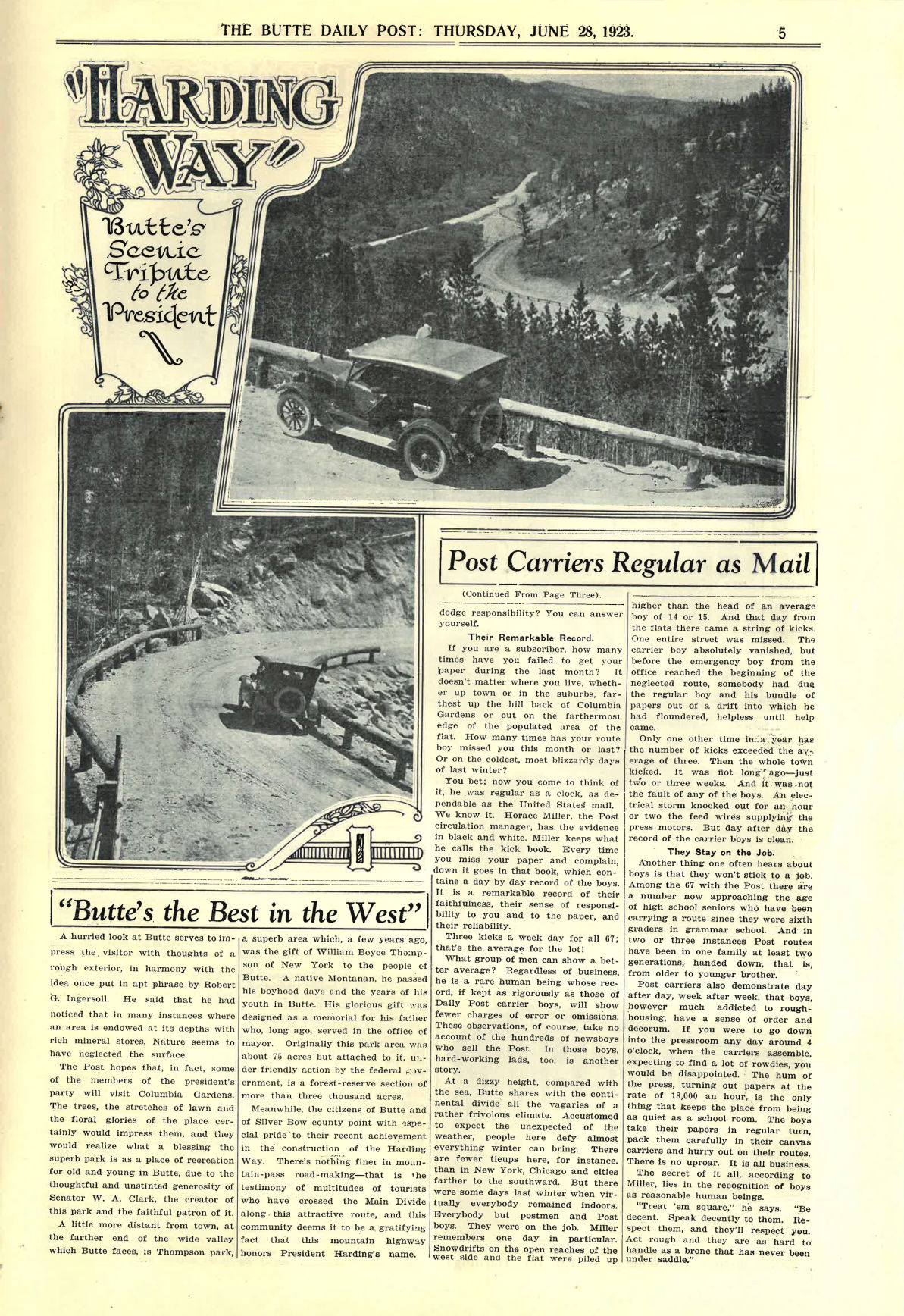 Page 5 of the Butte Daily Post for June 28th, 1923.